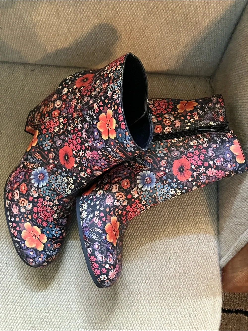 Lucky Brand Black Floral Ankle Boots with Orange & Pink Accents